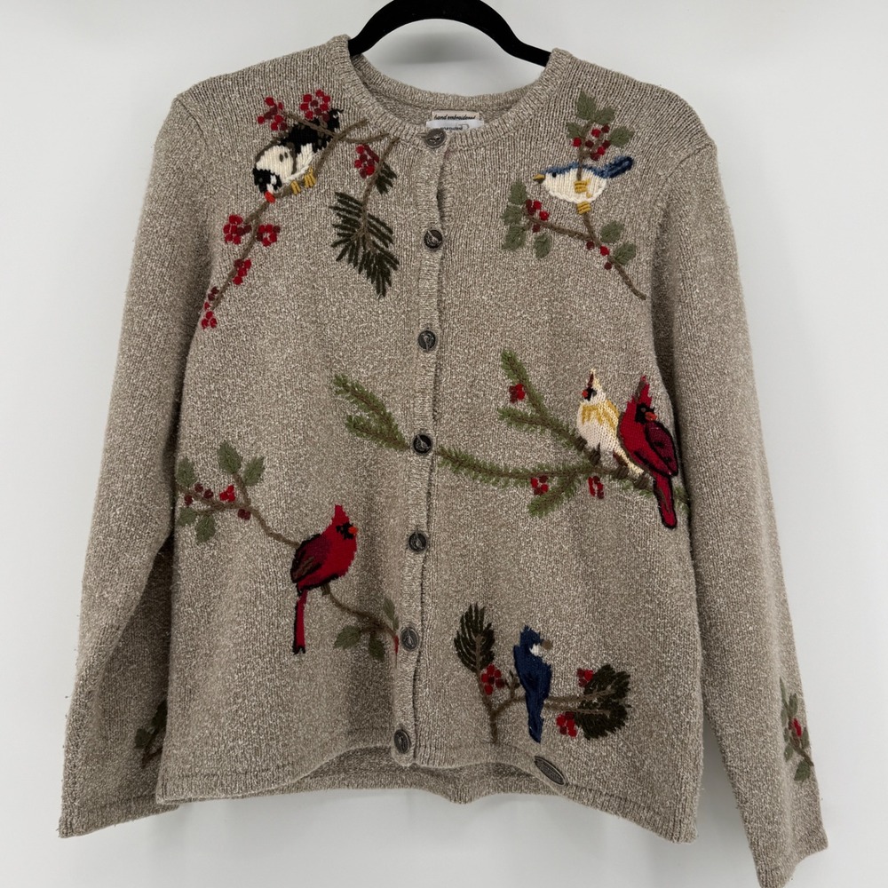 Northern Reflections Bird Embroidered Cardigan Sweater Tan Vintage Womens Large